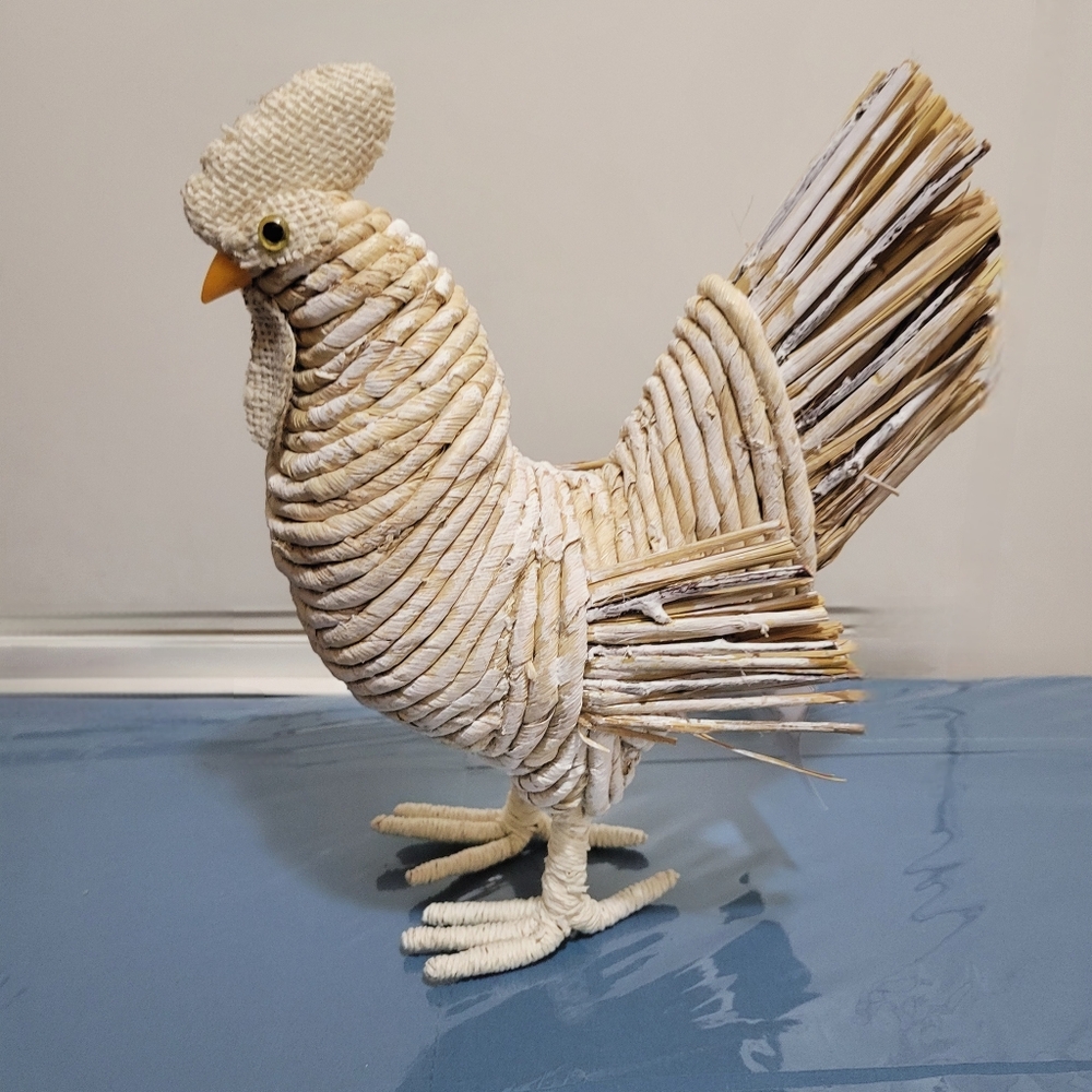 Unique Natural Handcrafted Rattan and Fabric Sculpture Rooster Figurine
